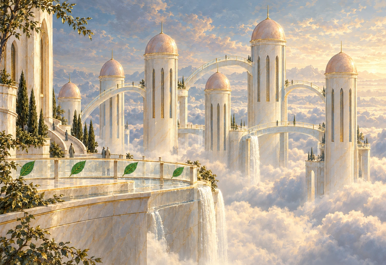 Atmosphärische Illustration mit hellen Türmen und Brücken über Wolken